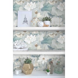 Safiyya Peel and Stick Wallpaper Light Green Floral Lotus Contact Paper Peel and Stick 17.3"x 197" Wall Paper Self Adhesive Removable Wallpaper for Bedroom Bathroom Vinyl Roll
