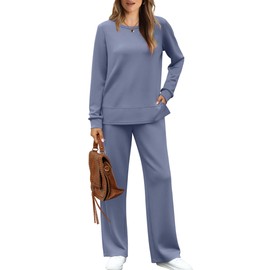 WIHOLL Women's Two Piece Outfits Fall Long Sleeve Airport Lounge Set Comfy Loungewear Wide Leg Tracksuit Winter Jumpsuits for Women Blue S