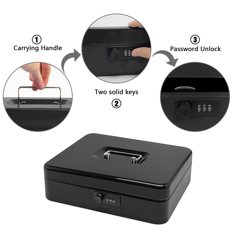 Secure Steel Cash Box with Combination Lock and Removable Tray