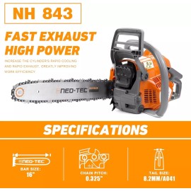NEOTEC 43cc Gas Powered Chainsaw with 16'' Guide Bar Saw Chain 2-Stroke Engine Cut Wood