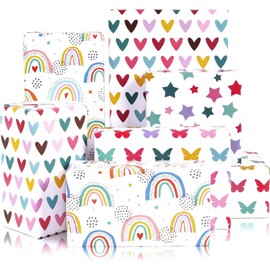 PQCLXUYA Gift Wrapping Paper, 8 Sheets Colorful Birthday Wrapping Paper for Baby Girls Women, Folded Flat Gift Wrapping Paper with Rainbow Heart Star Butterfly Designs for Birthday Baby Shower Wedding
