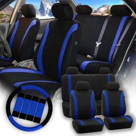 FH Group Car Seat Covers Cosmopolitan Flat Cloth Full Set Seat Covers, Car Accessories Blue Combo Steering Wheel Cover and Seat Belt Pads Airbag and Split Rear Universal Fit for Cars Vans Truck