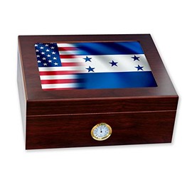 Premium Desktop Humidor - Glass Top - Flag of Honduras (Honduran) - Waves with USA Flag - Cedar lined with humidifier & front mounted hygrometer.