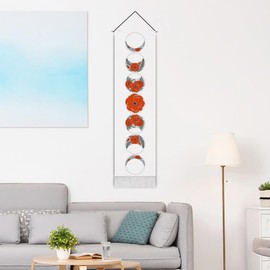 Umootek White Lunar Phase Tapestry for Bedroom Boho Red Flower Moon Tapestry Long Vertical Tassel Wall Art Room Decor Aesthetic Wall Hanging Ornament for Home Dorm Office (12.8 x 51.2 in)