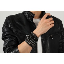 Sahoottie 4Pcs Studded Bracelet for Men Women Punk Rock Leather Spike Bracelet Metal Cuff Bracelet Set Emo Bracelet Adjustable Grunge Bracelets Emo Punk Accessories (Black Squares)