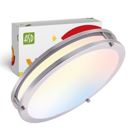 ASD LED 16" Round Flush Mount Lighting, Close to Ceiling Light Fixture | 3CCT, Dimmable, Energy Star, ETL Listed | 24W 2118LM 3000-5000K 100-277V | Low Profile Double Ring Lamp | Nickel