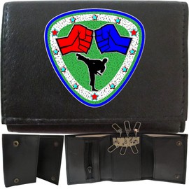Klassek Martial Arts Shield Taekwondo Karate on Brand Men Leather Wallet Keyring Key Rack with Zip Pocket and Metal Gift Box