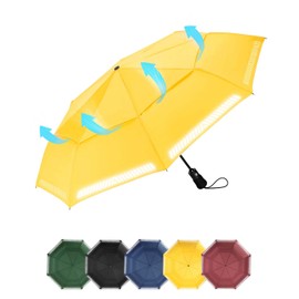 Chakipee Umbrella Windproof Strong Compact Travel Yellow Pocket Automatic Reflective Safety Strip Folding Outdoor for Rain Inverted Umbrellas for Men and Women 8 Ribs Double Canopy Portable