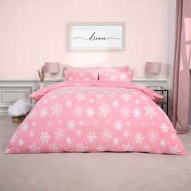OHS Pink Winter Bedding Set Teddy Fleece, Christmas Duvet Set Fluffy Bedding with Pillowcase Single Duvet Cover Warm Super Soft Comfy Quilt Cover, Snowflakes