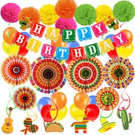 Recosis Fiesta Mexican Themed Happy Birthday Banner Paper Pompoms Mexico Fans Fiesta Decorations Balloons Party Decorations