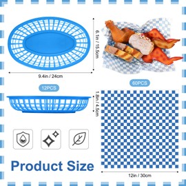 12 Pcs Fast Food Baskets with 60 Pcs Paper Liners Plastic Classic Food Storage Baskets for Lunch Dinner Serving Burger Chip Trays for Hot Dog Hamburger Bread Picnic(Blue)