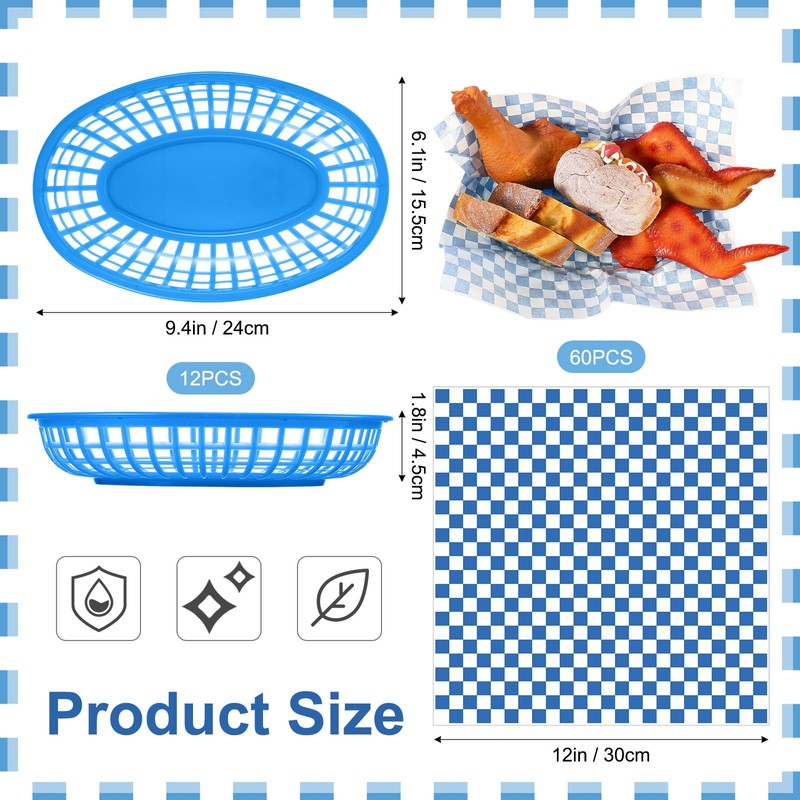 12 Pcs Fast Food Baskets with 60 Pcs Paper Liners