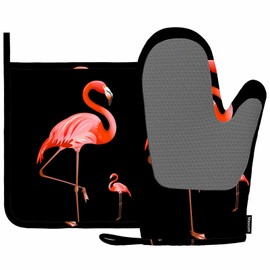 Mxocom Couple Flamingo Bird Oven Mitts and Pot Holders Sets Tropical Pink Flamingo Adorable Bird Exotic Wildlife on Black Silicone Heat Resistant Kitchen Oven Gloves Pot Holder for Cooking