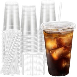Huifany 100 Pack 20 oz Plastic Clear Cups with Lids and Straws, Disposable Coffee Cups with Lids for Iced Coffee, Cold Drinks, Smoothie and Milkshake