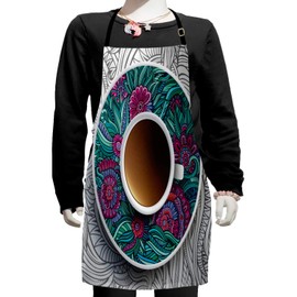 Ambesonne Coffee Apron, Drink Herbal Tea Service Chat Happy Calming Time Floral Detailed Image Print, Small Apron Bib with Adjustable Ties for Baking Painting, Small Size, Multicolor