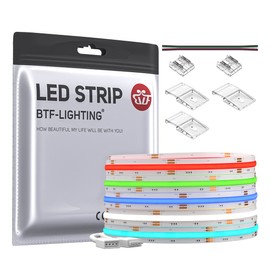 BTF-LIGHTING FCOB COB RGB Flexible High Density Uniform Light LED Strip 840LEDs/m 16.4FT DC24V 10mm Width Color Changing LED Ribbon for Bedroom Kitchen Home Indoor Decoration