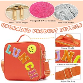 IDAHSOR Insulated Lunch Bag Women Lunch Box Kids for Teen Girls Boys, Cute Preppy Lunch Boxes with Adjustable Shoulder Strap, Waterproof Nylon Lunchbox Lunch Bags for School Work Picnic (Orange)