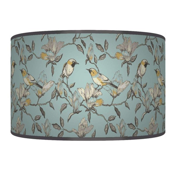 Garden Birds Blue Mustard Grey Giclee Style Printed Fabric Pendant Drum Cylinder Light Shade Handmade Lampshade 70 (for Table or Floor lamp, 24" (60 x 28cm))