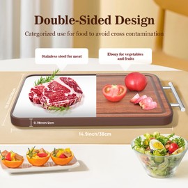 Large Cutting Board Double Sided, 2024 Upgraded Thicken Chopping Board, SUS 304 Stainless Steel Cutting Board for Kitchen, Ebony Wood Cutting Board with Juice Groove, Charcuterie Board 16.3”×10.4”