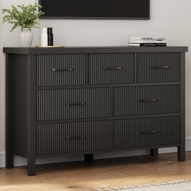 Jocoevol Fluted 7 Drawers Dresser for Bedroom, Modern Chest of Drawers with Metal Handle, Wood Dresser TV Stand, Wooden Closet Clothes Storage Organizer for Living Room, Hallway (Black)
