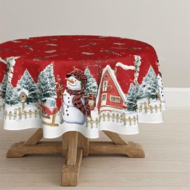 Horaldaily Christmas Tablecloth 60×60 Inch Round, Winter Snowman House Christmas Trees Red Washable Table Cover for Party Picnic Dinner Decor