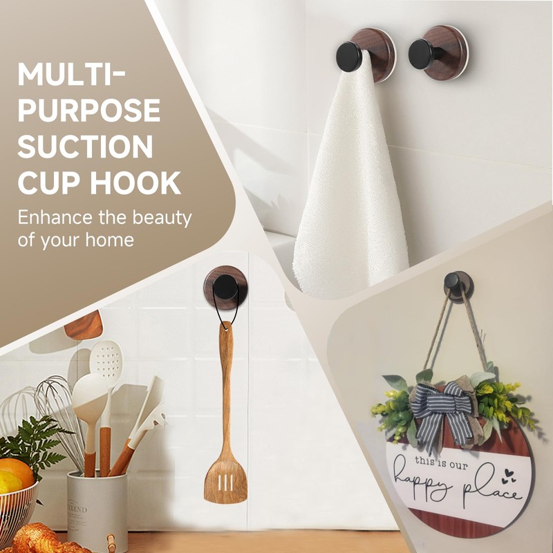 SEIUCAN Walnut Suction Cup Hooks - Waterproof No Drill Removable