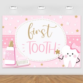 Pink First Tooth Backdrop for Girls Cute Teeth Photography Background Cloth 1st Baby Tooth Backdrop Toothpaste Toothbrush Banner for Dentist Teeth Themed Photo Booth Props Dental Party Supplies 5x3ft
