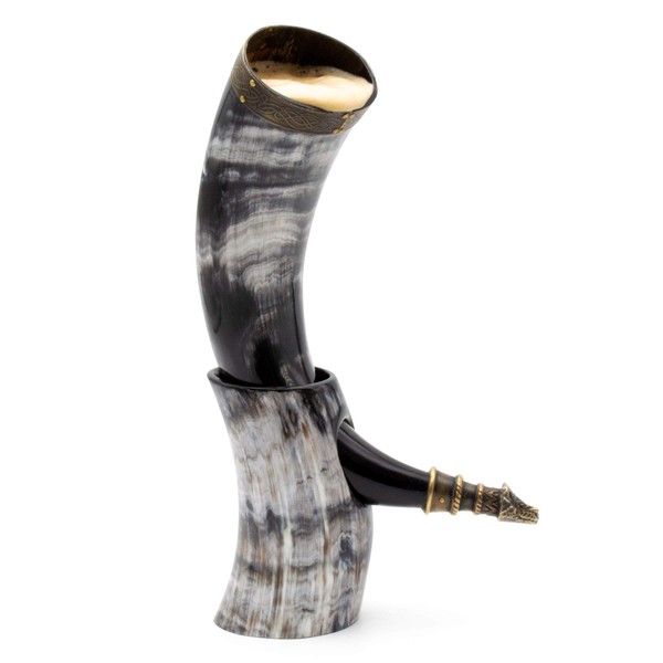 Norse Tradesman Genuine 12" Ox-Horn Viking Drinking Horn with Horn Stand & Brass Wolf Adornments | Burlap Gift Sack Included | "The Fenrir", Unpolished, 12-Inch