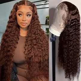 Pinketer Chocolate Brown Deep Wave Lace Front Wigs Human Hair 13x4 Middle Brown Lace Frontal 180% Density Brazilian Curly Human Hair Wigs For Black Women (#4 Color, 32inch)