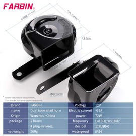 FARBIN Compact Horn 12V Car Horns Loud Dual-Tone Waterproof Auto Horn Electric Snail Horn Kit Universal for Any 12V Vehicls (black, 12V snail horn with wire harness and button)