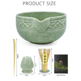 Artcome Matcha Tea Set with Pouring Spout - Green Ceramic Matcha Bowl, Bamboo Whisk, Whisk Holder, Tea Scoop & Matcha Tea Manual for Traditional Japanese Tea Ceremony - Ideal for Gift - Light Green