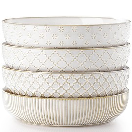 getstar Pasta Bowls, Large Salad Serving Bowls (8.2 inch/35 oz), Ceramic Bowl Plates Set of 4, Farmhouse Embossments, Microwave and Dishwasher Safe