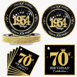 algpty 60 PCS Vintage 1954 Birthday Plates and Napkins Set, 70th Birthday Decorations Black and Gold, Service for 30,70th Birthday Party Supplies, 70th Birthday Plates and Napkins for Men Women
