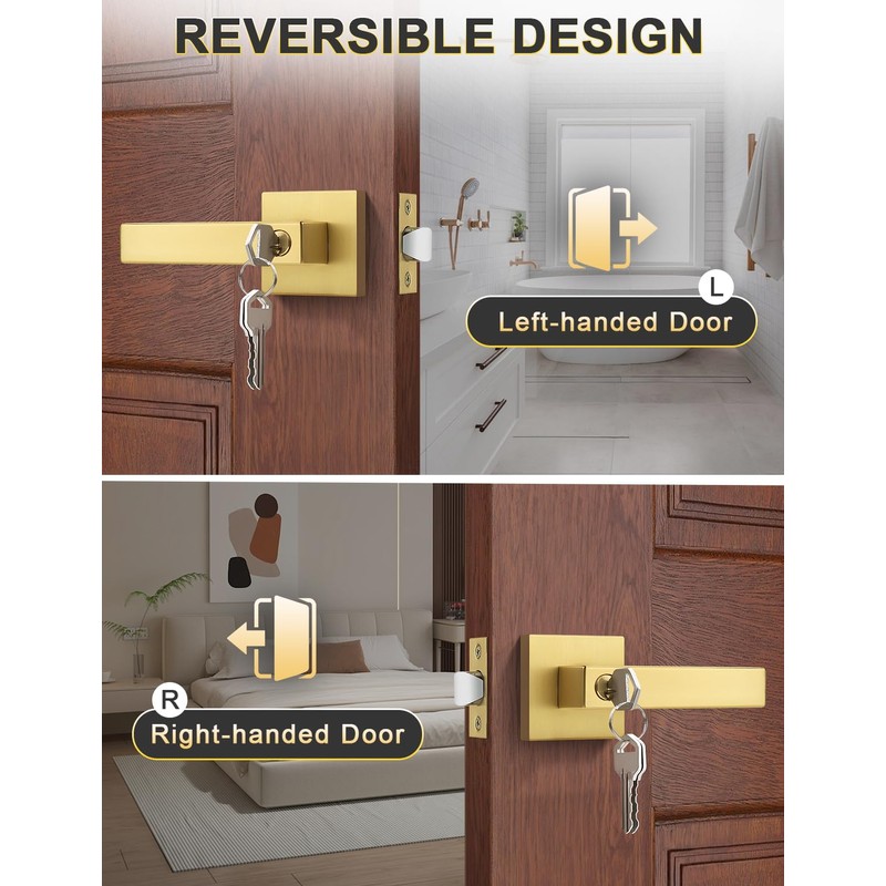 Tinewa 2 Pack Brushed Gold Entry Door Levers with Lock