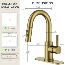 FORIOUS Brushed Gold Bathroom Faucets for Sink 3 or 1 Hole with Pull Down Sprayer, Single Handle Gold Faucets for Bathroom Vanity with Pop Up Drain, Suitable for Bath, RV, Laundry & Utility Sink
