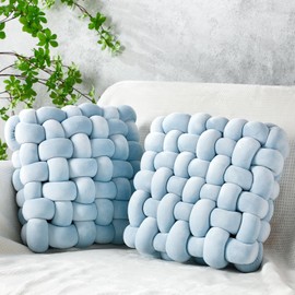 Wenqik 2 Pcs Knot Pillow Soft Throw Pillow Home Decoration Cushion Square Office Knotted Plush Throw Cushion for Living Room Bedroom Sofa Couch Living Room Decor, 12'' x 13''(Ice Blue)
