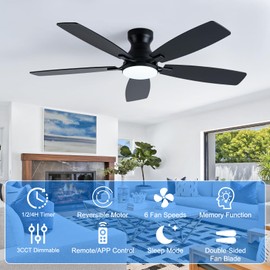 52in Black Ceiling Fan with Light, Flush Mount, Remote APP Control