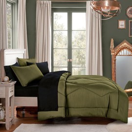 7-Pieces All Season Reversible Bed in a Bag Fluffy Comforter Set California King Size | Modern Casual Style Plush Shabby Chic Bedding Solid Color Stitched Pattern | Gorgeous Black Olive Colors Glam