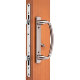 Rockwell Security Charlotte Offset Key Locking Sliding Door Handle with 3/4 Inch Keylock Brushed Nickel Fits 1-3/4 Inch Thick Door with 4 Screw Holes