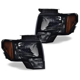 G-PLUS Headlights Assembly, Compatible with 2009-2014 Ford F150 09-14 Headlamp, Driver and Passenger Side, Smoky lens Black Housing Amber Reflector,Not Fit Led Style，Only Fit Without Led Style