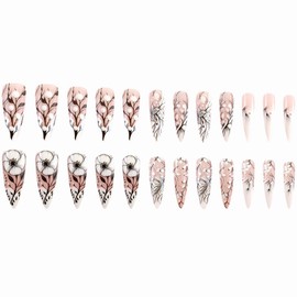 MERVF Long Stiletto Press on Nails White Ombre French Tip Glue ons Flower Design Almond Acrylic Fake False Nails for Women Glossy 24pcs