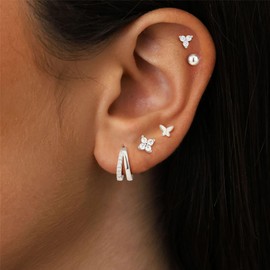 ZHESHY 5 Pairs of Hoop Earrings Gold Silver 925 Set for Women 14K Gold-Plated Small Stud Earrings Silver Hypoallergenic Stud Butterfly Zirconia Round Heart Ear Piercing Multiple Ear Holes Jewellery