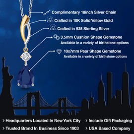 Gem Stone King 925 Silver and 10K Yellow Gold Blue Sapphire and White Moissanite Pendant Necklace for Women | 2.37 Cttw | Gemstone Birthstone | Pear Shape 10X7MM | With 18 Inch Chain