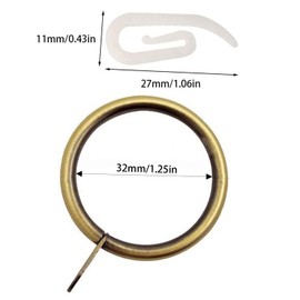NIXRET 30 Pcs Metal Curtain Rings with Clips, 32mm Curtain Rings with Hook Rustproof Brass Rings with Curtain Clips Window Hanging Rings for Drapery Curtain