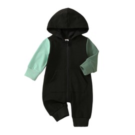 Ynibbim Baby Boy Romper Infant Toddler Clothes Color Block Jumpsuit Fall Winter Zipper Hooded Outfit