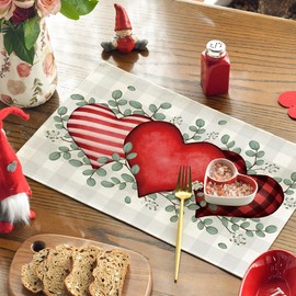 Artoid Mode Buffalo Plaid Eucalyptus Hearts Mother's Day Placemats Set of 4, 12x18 Inch Wedding Holiday Table Mats for Party Kitchen Dining Decoration