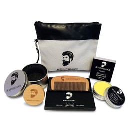 Beard Elegance Beard Care Set "Smooth-Style" Premium Beard Care Set Consisting of Men's Cosmetic Bag, Wooden Comb, Beard Balm, Round Brush in Silver Tin