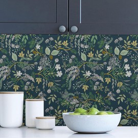 MuralPeel Vintage Blue Green Navy Leaf White Wildflower Plants Botanical Peel and Stick Wallpaper Easy Peel Off Self Adhesive Removable Stick on Wall Paper for Kitchen Renter Friendly