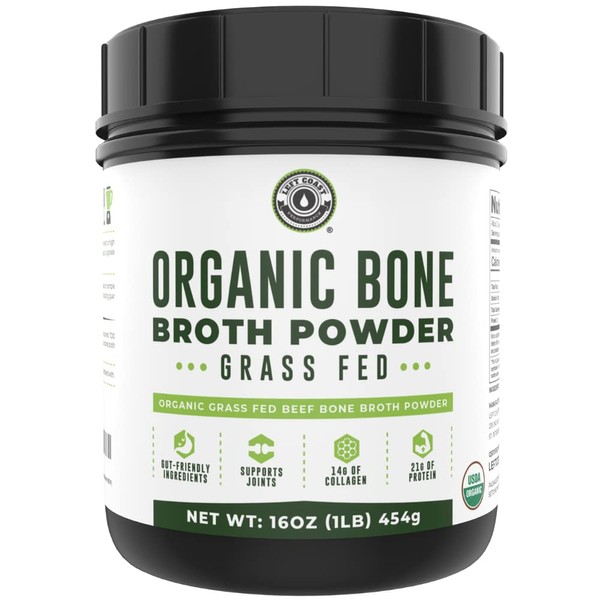 16oz Organic Bone Broth Protein Powder From Grass Fed Beef, USDA Certified Organic, Single Ingredient, No Additives, Perfect for Carnivore, Paleo, and Keto Diets. Natural Source Collagen Type I & III