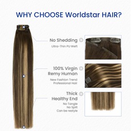 Worldstar Seamless Clip in Hair Extensions Human Hair, 14 Inch 110g 6pcs #4/27/4 Balayage Chocolate Brown to Caramel Blonde Hair Extensions Clip in Human Hair Invisible PU Skin Weft (pu#4/27/4-14)